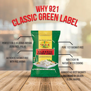 921 Classic Green Label Long Fine Grains Export Basmati Rice (5KG)